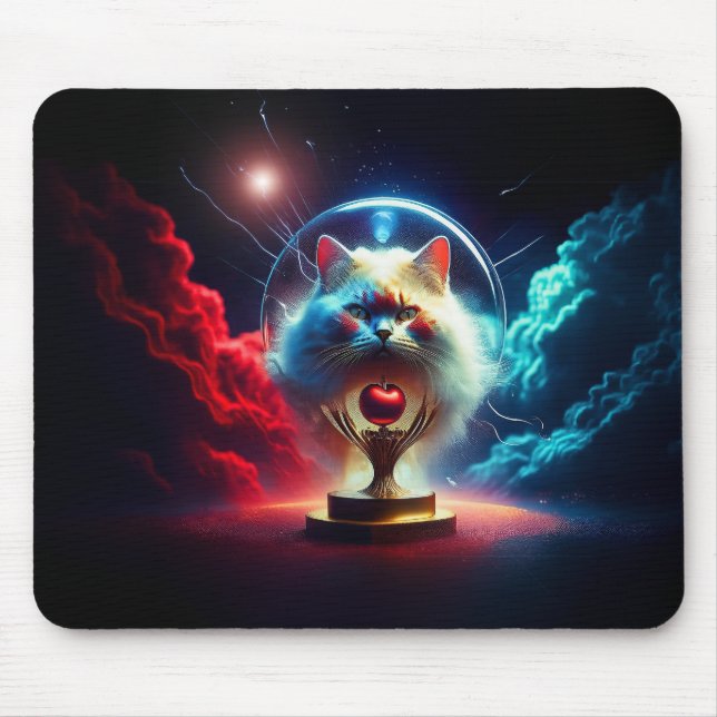 Mousepad Cena de Fantasia: Gato em um Globo com Maçã (Frente)