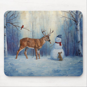 Mousepad Cena de Férias de Inverno Deer e Happy Snowman