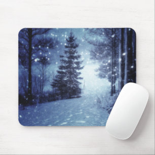 Mousepad Cena de inverno da Floresta Mágica Azul Lua