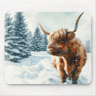 Mousepad Cena de inverno da Vaca em Highland Watercolor
