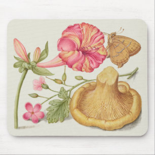 Mousepad Cena de jardim com flores, borboleta e cogumelo