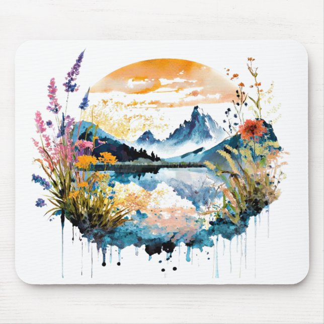 Mousepad Cena de montanha em aquarela (Frente)