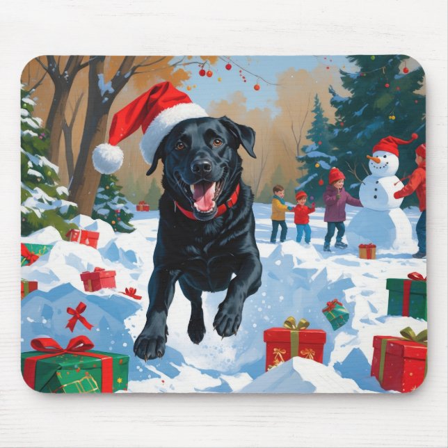 Mousepad Cena de Natal com Labrador Preto na Neve  (Frente)