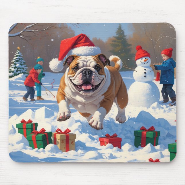 Mousepad Cena de Natal com Neve do Bulldog (Frente)