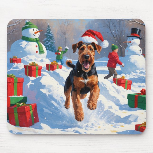 Mousepad Cena de Natal com Neve Festiva de Airedale (Frente)
