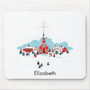 Mousepad Cena de Natal com uma Igreja Vermelha e Estrela Ac