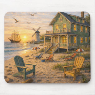 Mousepad Cena de Navegação ao Pôr do Sol em Casa de Praia C