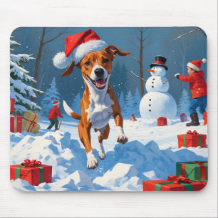 Mousepad Cena de Neve Festiva de Natal Basenji