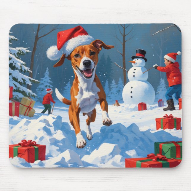 Mousepad Cena de Neve Festiva de Natal Basenji (Frente)