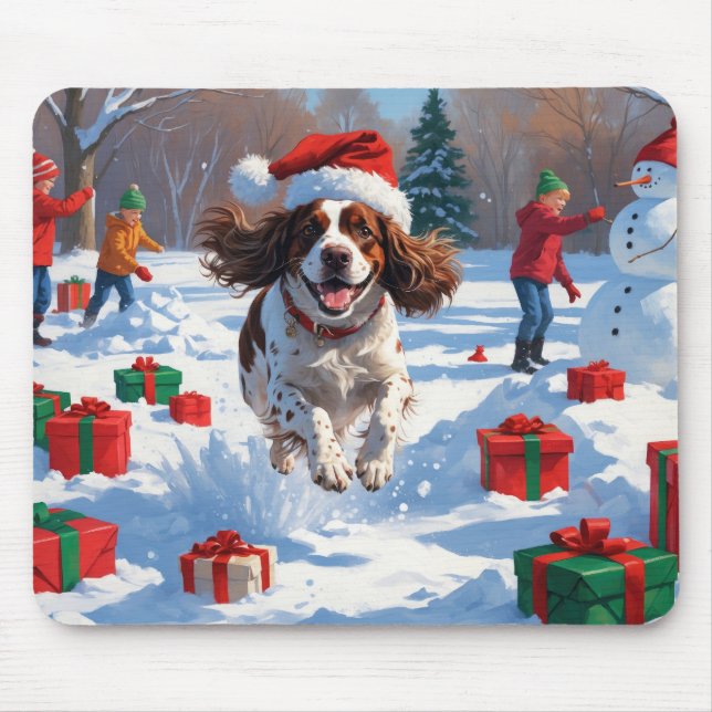 Mousepad Cena de neve festiva de Natal do Brittany Spaniel (Frente)
