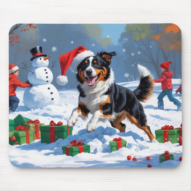 Mousepad Cena de Neve Festiva de Natal Kelpie australiana (Frente)