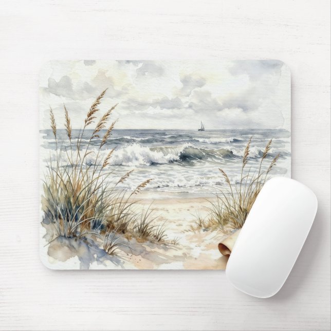 Mousepad Cena de Praia em Aquarela com Página Enrolada (Com mouse)