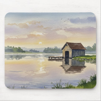 Mousepad Cena de tranquilidade da cabana no dock do lago ao