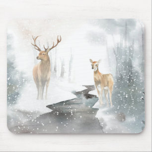 Mousepad Cena de Veado de inverno com Aquarela