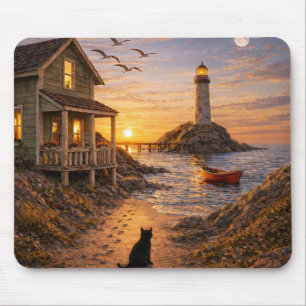 Mousepad Cena do Gato ao Pôr do Sol na Cabana do Farol Cost