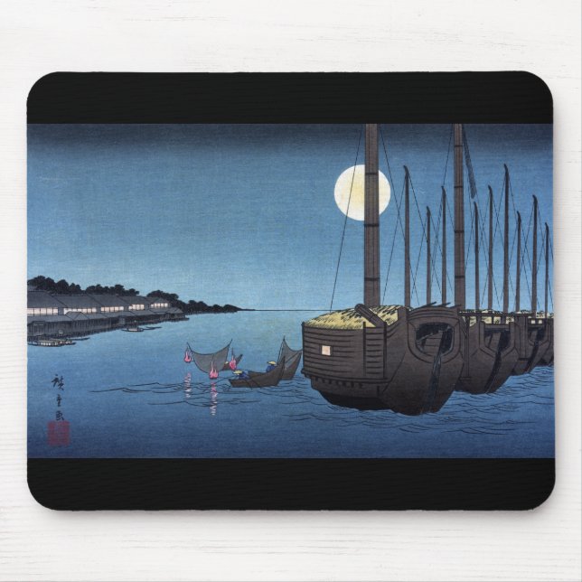 Mousepad Cena do luar em um rio com barcos, Hiroshige (Frente)