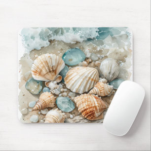Mousepad Cena em aquarela de conchas marinhas costeiras e m