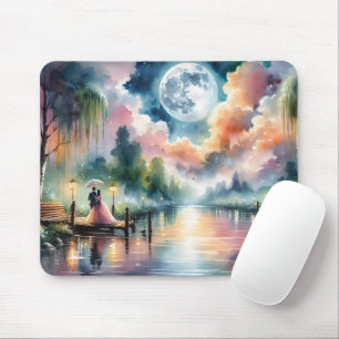 Mousepad Cena Noturna Romântica de Moonlight Watercolor