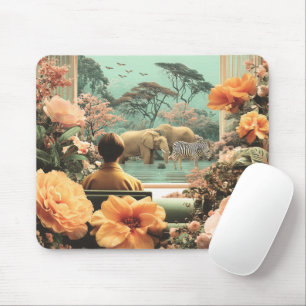 Mousepad Cena Surrealista de Safari com Elefantes Zebras