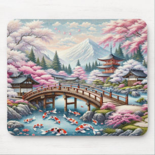Mousepad Cenário japonês com Ponte, Koi e Sakura