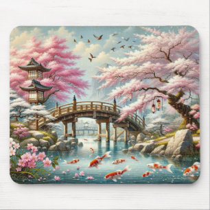 Mousepad Cenário japonês com Ponte, Koi e Sakura