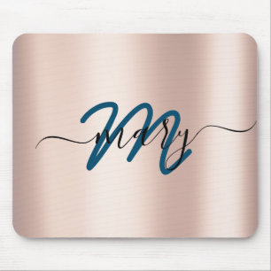 Mousepad Cerceta. Monograma Rosa azul mínimo de nome. Lux