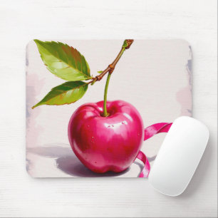 Mousepad Cereja cor-de-rosa com folhas e fita