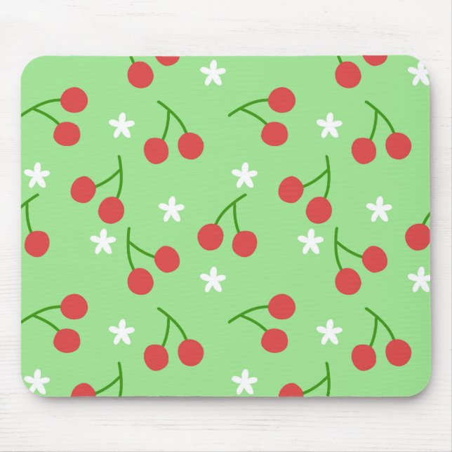 Mousepad Cerejas e Placa de Mouse de Flor Branco (Frente)