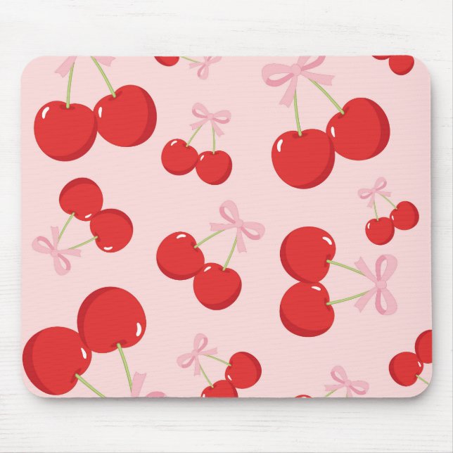 Mousepad Cerejas Vermelhas Com Laço Rosa Charmoso e Charme  (Frente)
