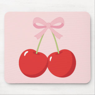 Mousepad Cerejas Vermelhas com Laço Rosa Coquette Cottage C