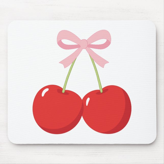 Mousepad Cerejas Vermelhas com Laço Rosa Coquette Estilo Co (Frente)