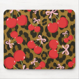 Mousepad Cerejas Vermelhas com Laço Rosa Estampa de Leopard