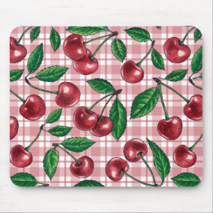 Mousepad Cerejas vermelhas em xadrez rosa