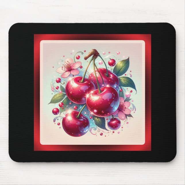 Mousepad Cerejas Vermelhas Fofas Cerejas Florais Rosa Menin (Frente)