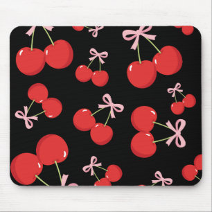 Mousepad Cerejas Vermelhas Pretas Laço Rosa Coquette Charmo