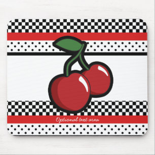 Mousepad Cerejas Vermelhas Preto Branco Vermelho Retro Pers