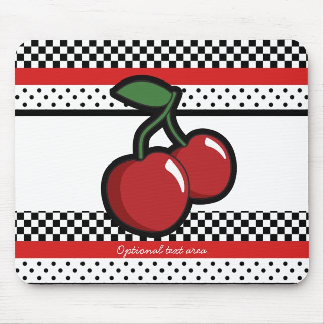 Mousepad Cerejas Vermelhas Preto Branco Vermelho Retro Pers (Frente)
