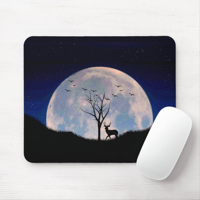 Mousepad Cervo com Grande Cornamenta Contra Lua Cheia (Com mouse)