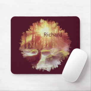 Mousepad Cervo na Floresta Nebulosa ao Nascer do Sol Dourad