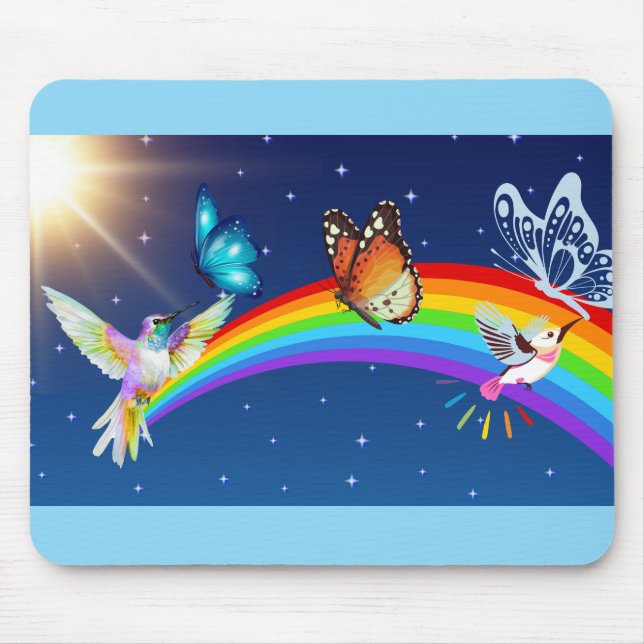Mousepad Céu Noturno, Dois Pássaros, Borboletas e um Arco-Í (Frente)