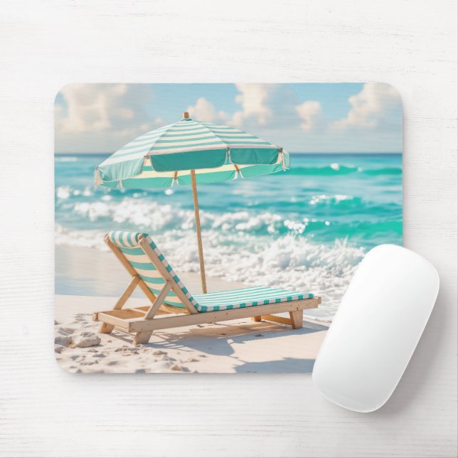 Mousepad Chaise Lounge Na Areia Do Oceano Branco (Com mouse)