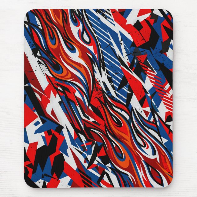 Mousepad Chamas de Corrida Abstratas Vermelhas Azuis Pretas (Frente)
