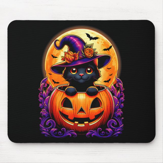 Mousepad Chapéu de Bruxa de Gato Preto Abóbora Funny Hallow (Frente)