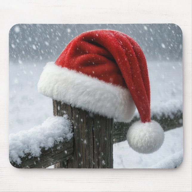 Mousepad Chapéu de Papai Noel em uma Estaca de Cerca Nevada (Frente)