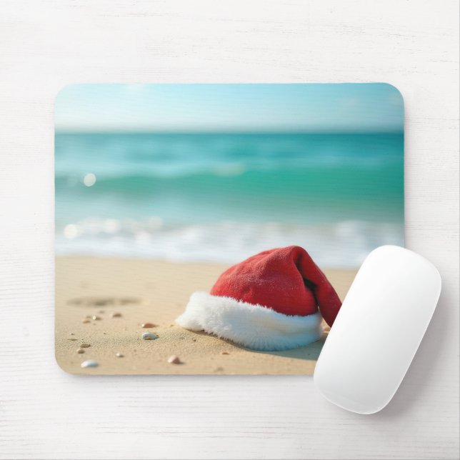 Mousepad Chapéu de Papai Noel em uma praia tropical (Com mouse)