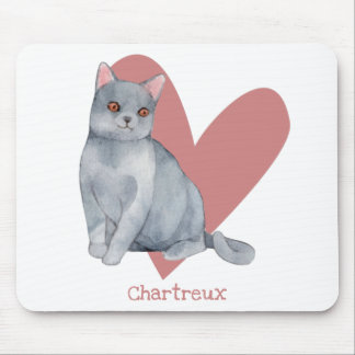 Mousepad Chartreux Cat Watercolor Gatinho Coração Rosa
