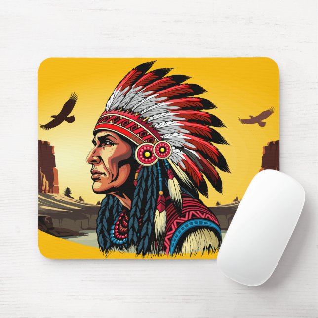Mousepad Chefe Americano Nativo na paisagem selvagem Sunset (Com mouse)