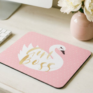 Mousepad Chefe Garota   Swan e Bolinhas Brancos Chic