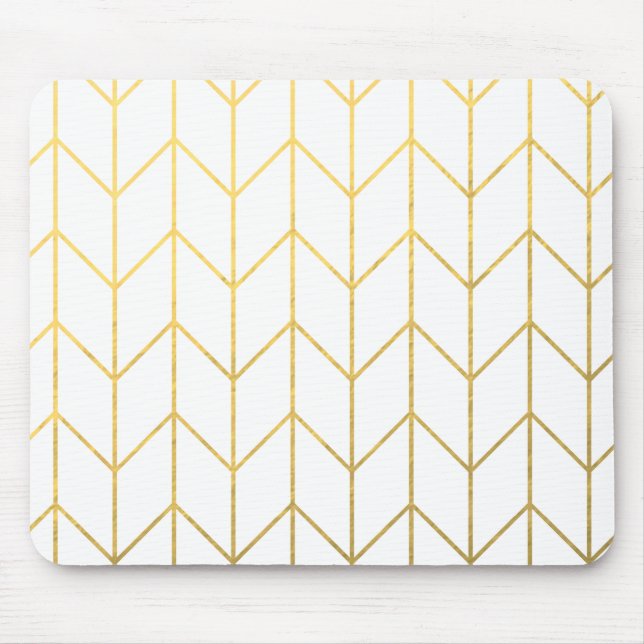 Mousepad Chevron Branco Dourado Fundo Moderno Chic (Frente)