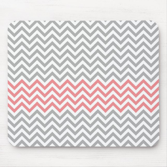 Mousepad Chevron cinzento, branco e coral (Frente)